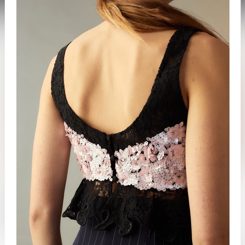 NWT Cynthia Rowley The Cosmo Sequin Top
Light pink sequin with black lace - Picture 4 of 5